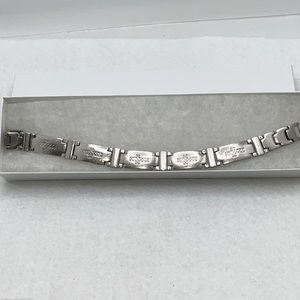 Stainless Steel Fold-Over Clasp Bracelet with Engraved Cross On Some Links